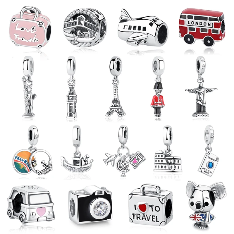 Pingentes originais de prata esterlina 925, com tema de amor, viagem, mala, ônibus de Londres, compatíveis com pulseiras, colares e joias para mulheres.