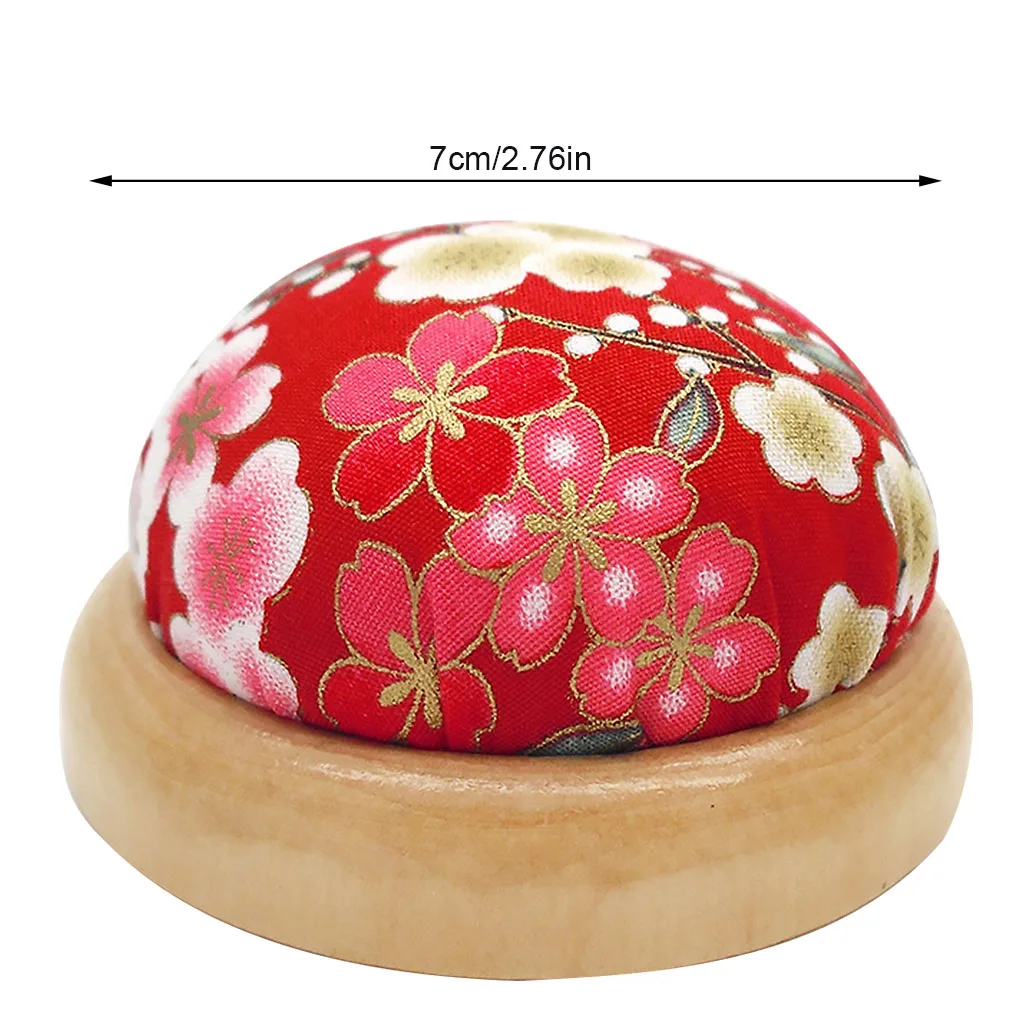 Wooden Base Sewing Cushion Polyester Printed Flower Pincushions Home Knitting Pin Holder, Light Beige