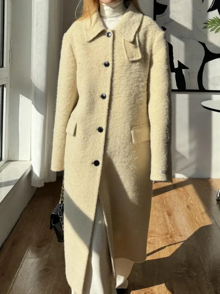 

Элегантные модные женские шерстяные куртки из альпаки, осень-зима 2022, однобортные, толстые, длинные женские шерстяные пальто с воротником-стойкой