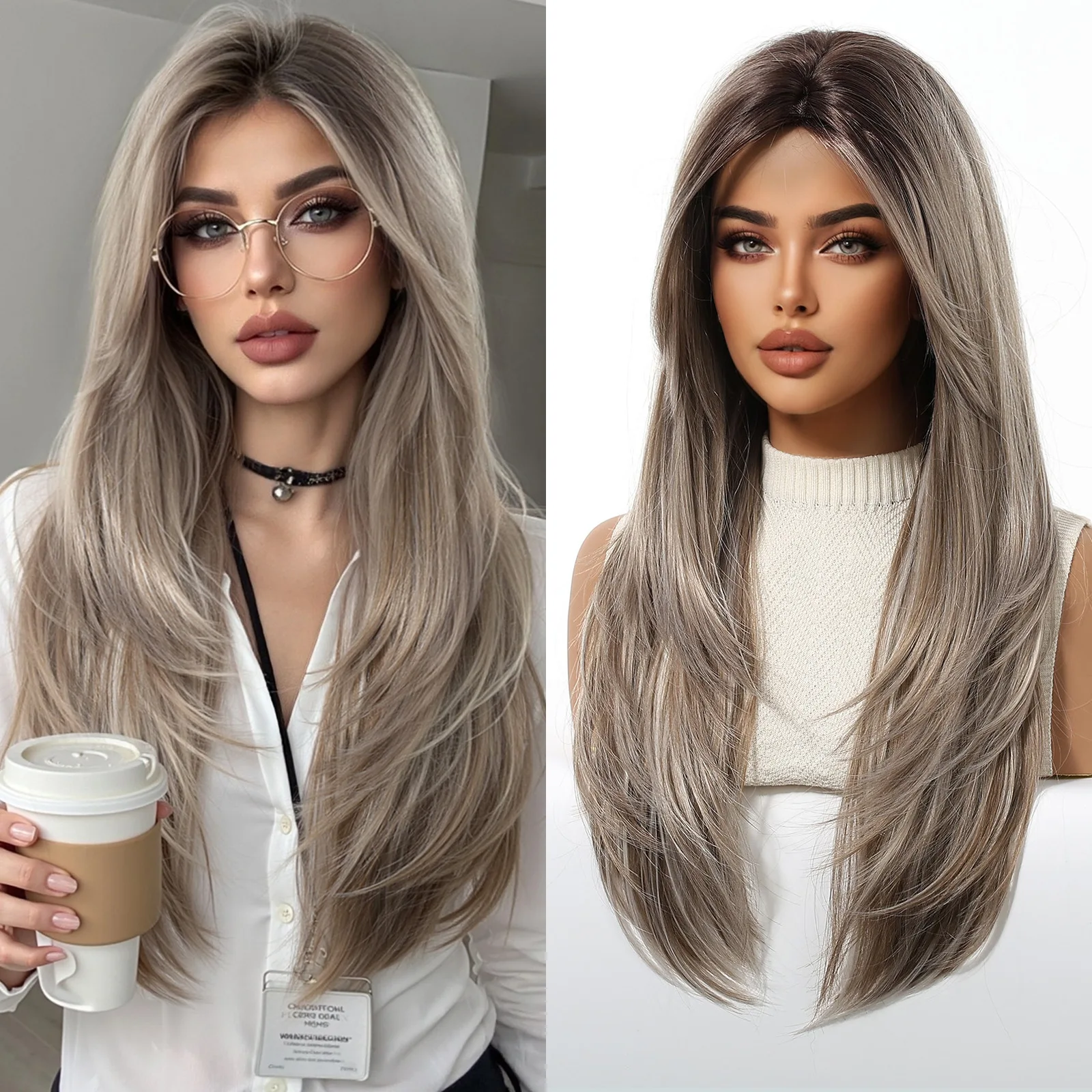 Women Daily Full Head Wig, Cold Brown Long Straight Hair, Soft Sweet Look Face Framing Design Easy To Style