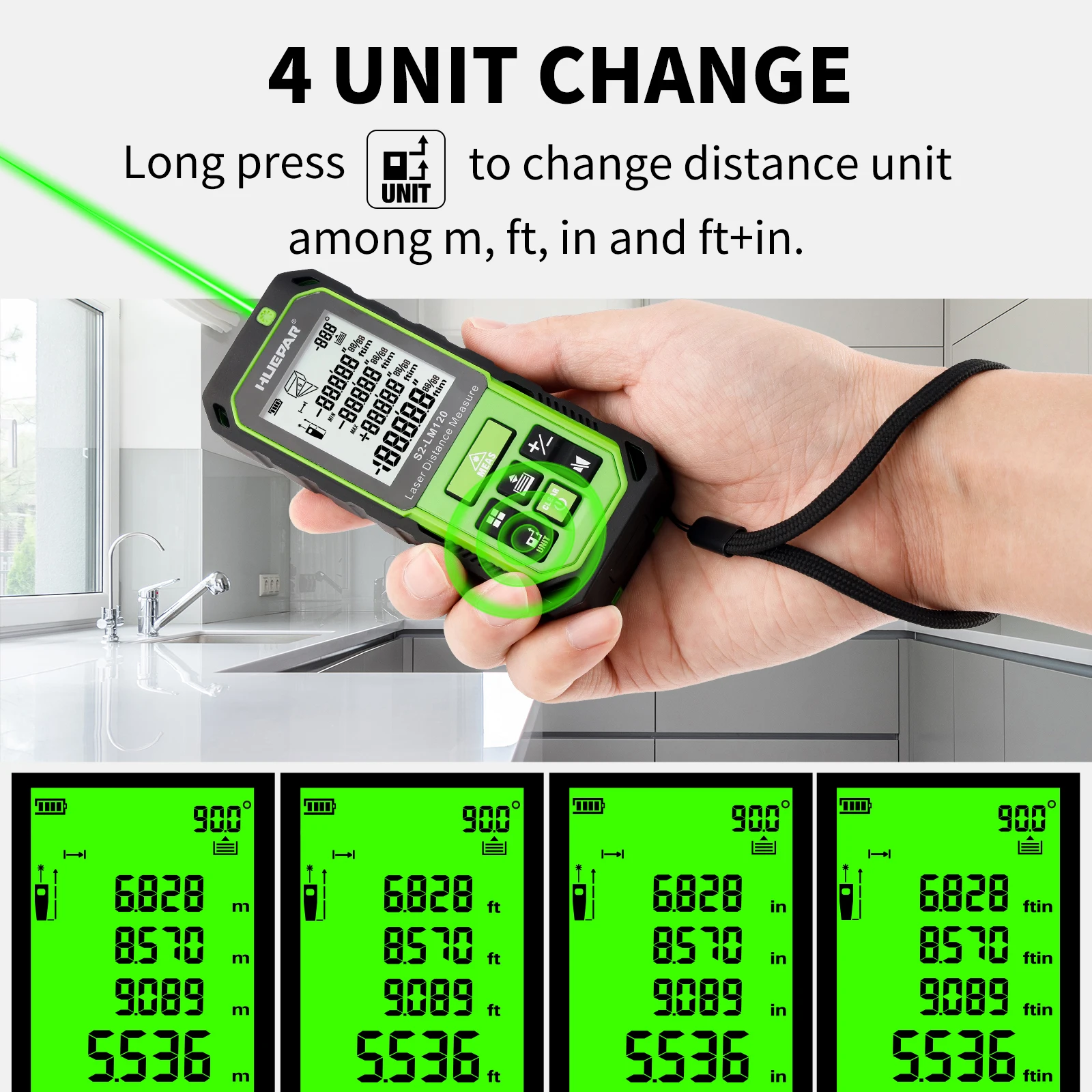 Huepar Laser Rangefinder Green Beem Laser Distance Measure with Angle Sensor LCD Digital Tape Measure 60M/100M/120m