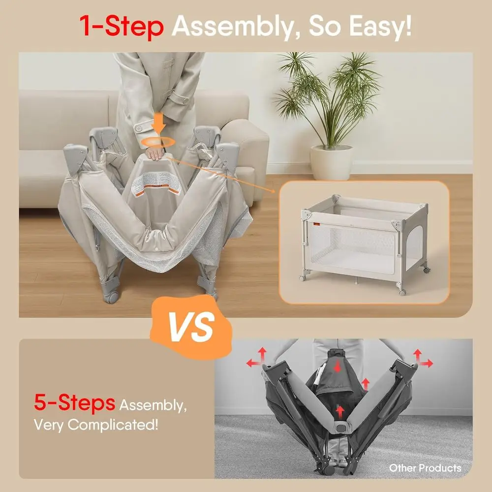 سرير أطفال محمول الكل في واحد، روضة أطفال، نائمة بجانب السرير، ومحطة حفاضات مع مرتبة وشبكة ناموسية