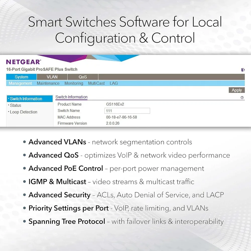 NETGEAR Switch intelligente PoE Gigabit Ethernet a 26 porte (GS724TP) -gestito, 24x1G, 24 x PoE + @ 190W, 2x1G SFP