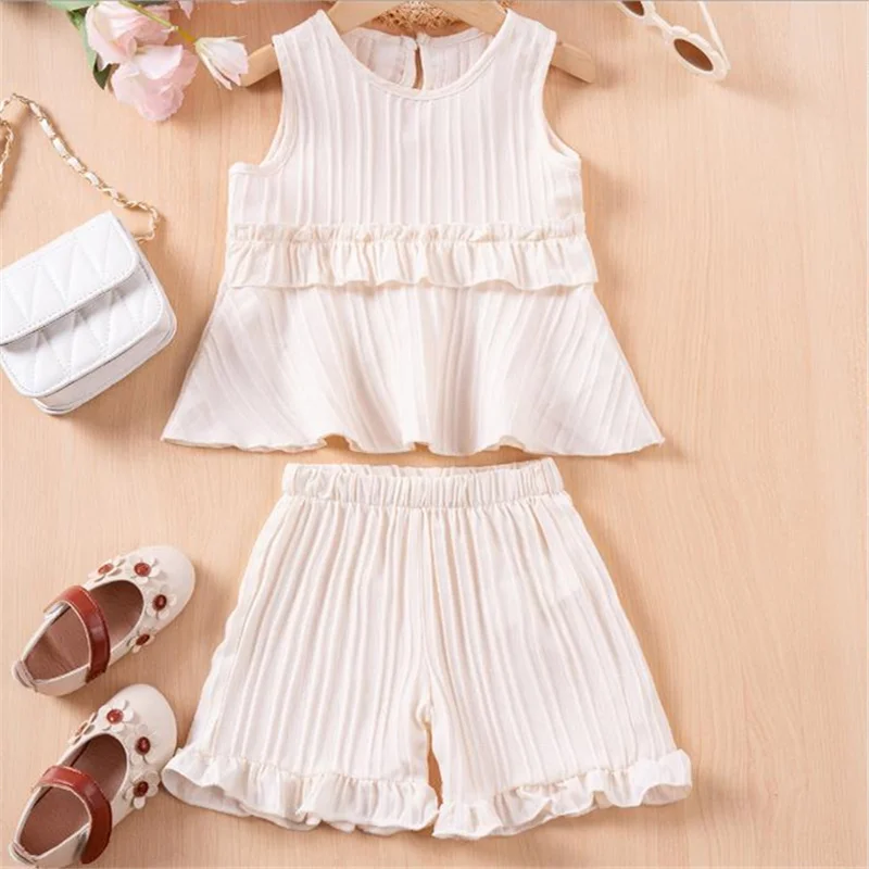 

Cathery Kids Baby Girls 2 Pieces Sets Outfits Ruched Sleeveless Ruffles Solid Color Tank Tops Loose Casual Shorts Pants Baby Set