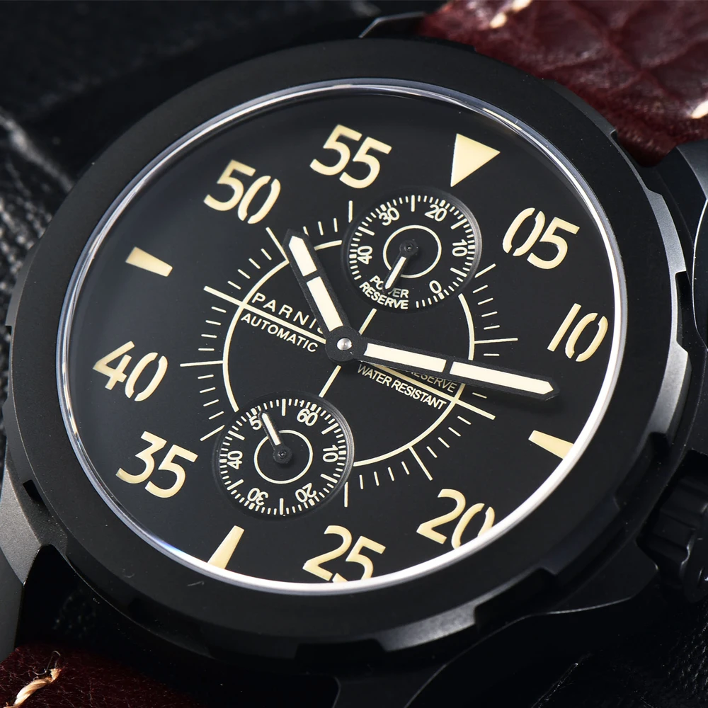 

Fashion Parnis 44mm Black Case Automatic Mechanical Men Watch Power Reserve Leather Strap Waterproof Watches Man reloj hombre