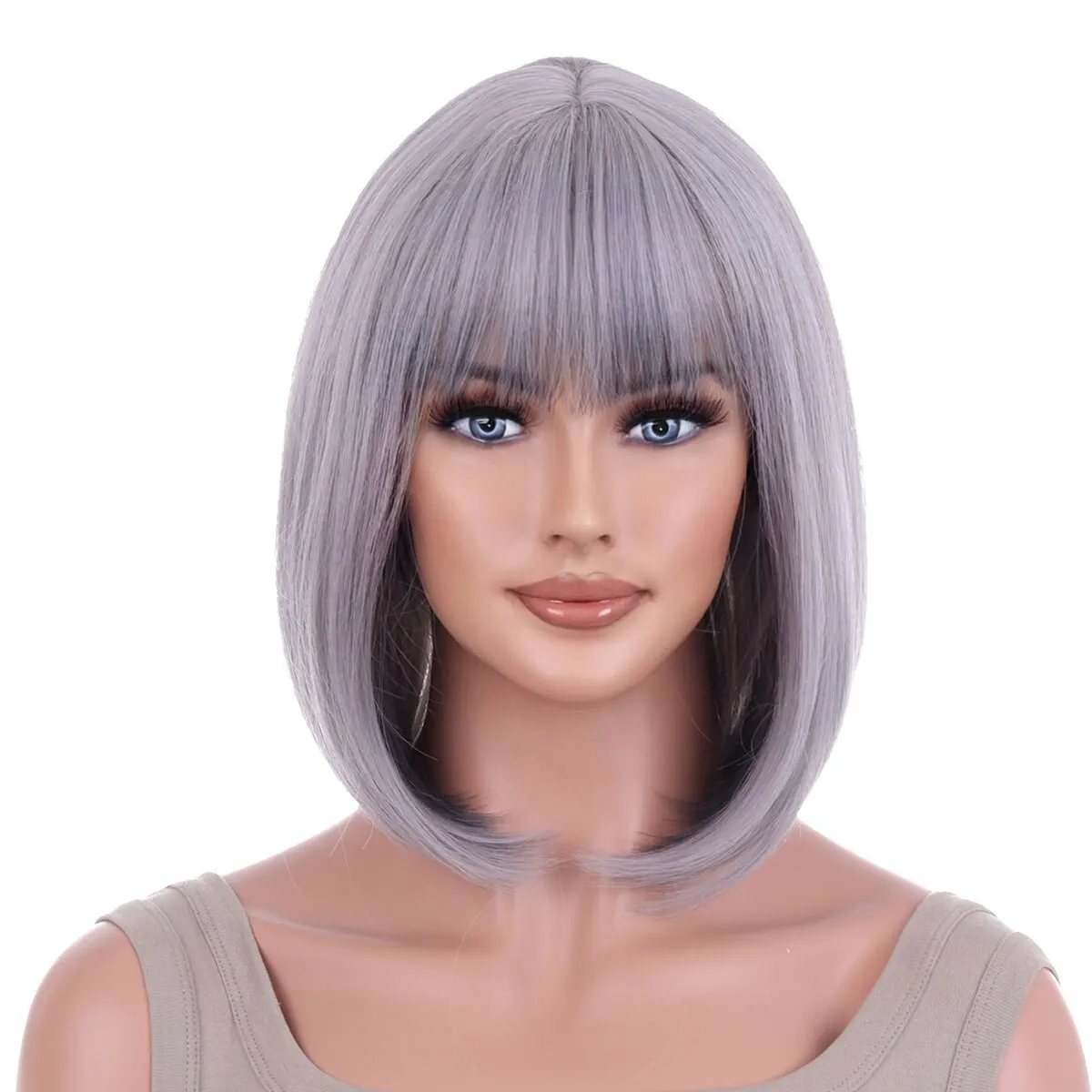 Synthetic Wig Short Platinum Blonde Ombre Wavy Wig Dark Roots with Bangs for Women Shoulder Length Natural Looking Daily Use