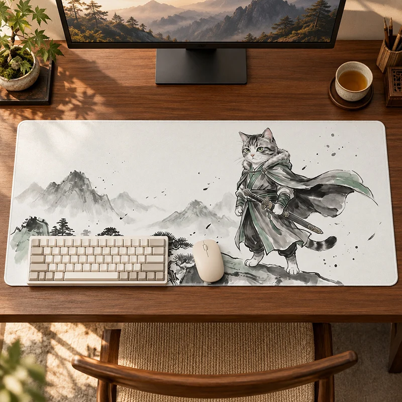 Ink-wash Style Swordsman Cat Mouse Pad Gamer printon demand Large Home Mousepad XXL Desk Mats Office Mouse Mats