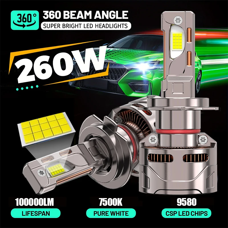 

2 шт. светодиодные лампы для фар H4 H7 H11 H1, 100000 лм, 260 Вт, высокомощные, Canbus, с двойной медной трубкой, 7500K, автомобильные светодиодные лампы, 12В