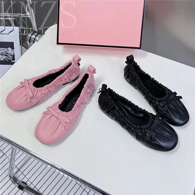 

Spring Summer New Round Toe Concise Woman Ballet Flats Butterfly-Knot Decor Real Leather Slip-On Casual Single Shoes Women 2024