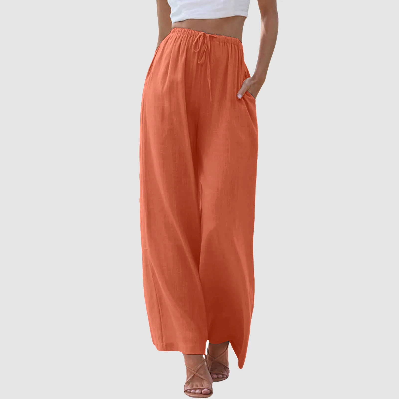 

High Waist Baggy Women Casual Pants Summer Elastic Waist Drawstring Breathable Cotton Wide Leg Haren Trousers With Pockets 2024