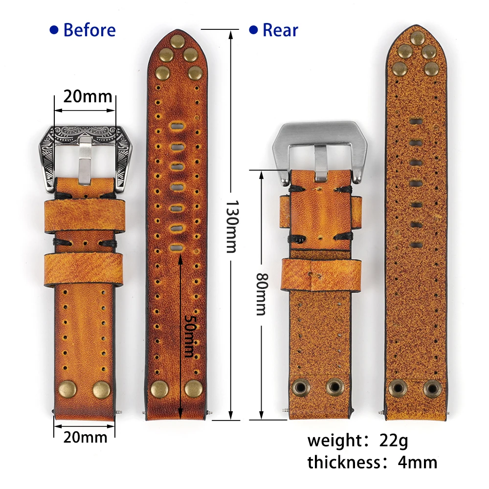 Vintage Leather Watch Strap With Rivets 18mm 20mm 22mm 24mm Classical Watchband With Carved Buckle Handmade Wristband Belts