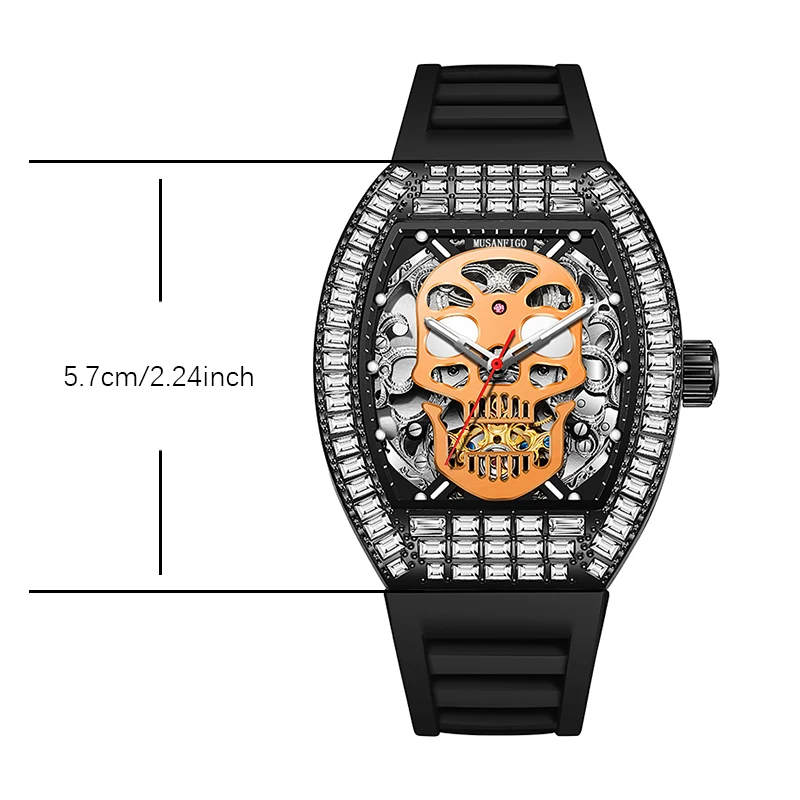 MUSANFIGO barrel shaped automatic mechanical watch, Ghost series men\'s watch, diamond set sparkling night light waterproof trend