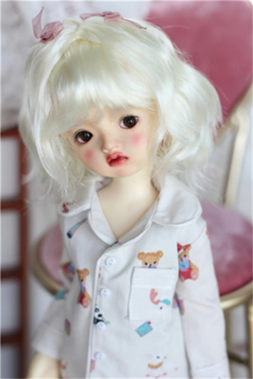 BJD Doll Girls Cute Wig 1/6 1/4 1/3 Milk Silk Natural Butterfly Knot Cute Toy Shoulder-Length Hair Wig Doll Accessories(no doll)