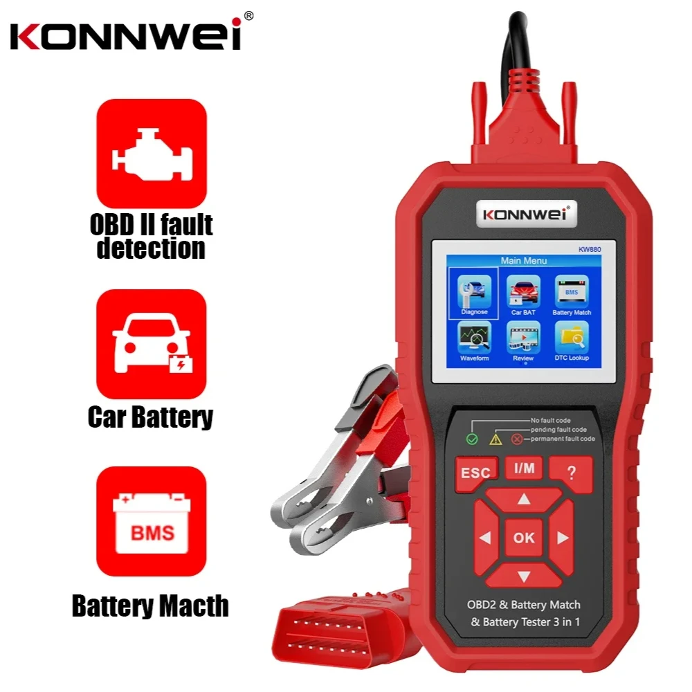 KONNWEI KW880 12V Car Battery Tester Analizer Auto Diagnostic Tool  Battery Match 3 in 1 Car OBD2 Scanner Full OBD2 Function