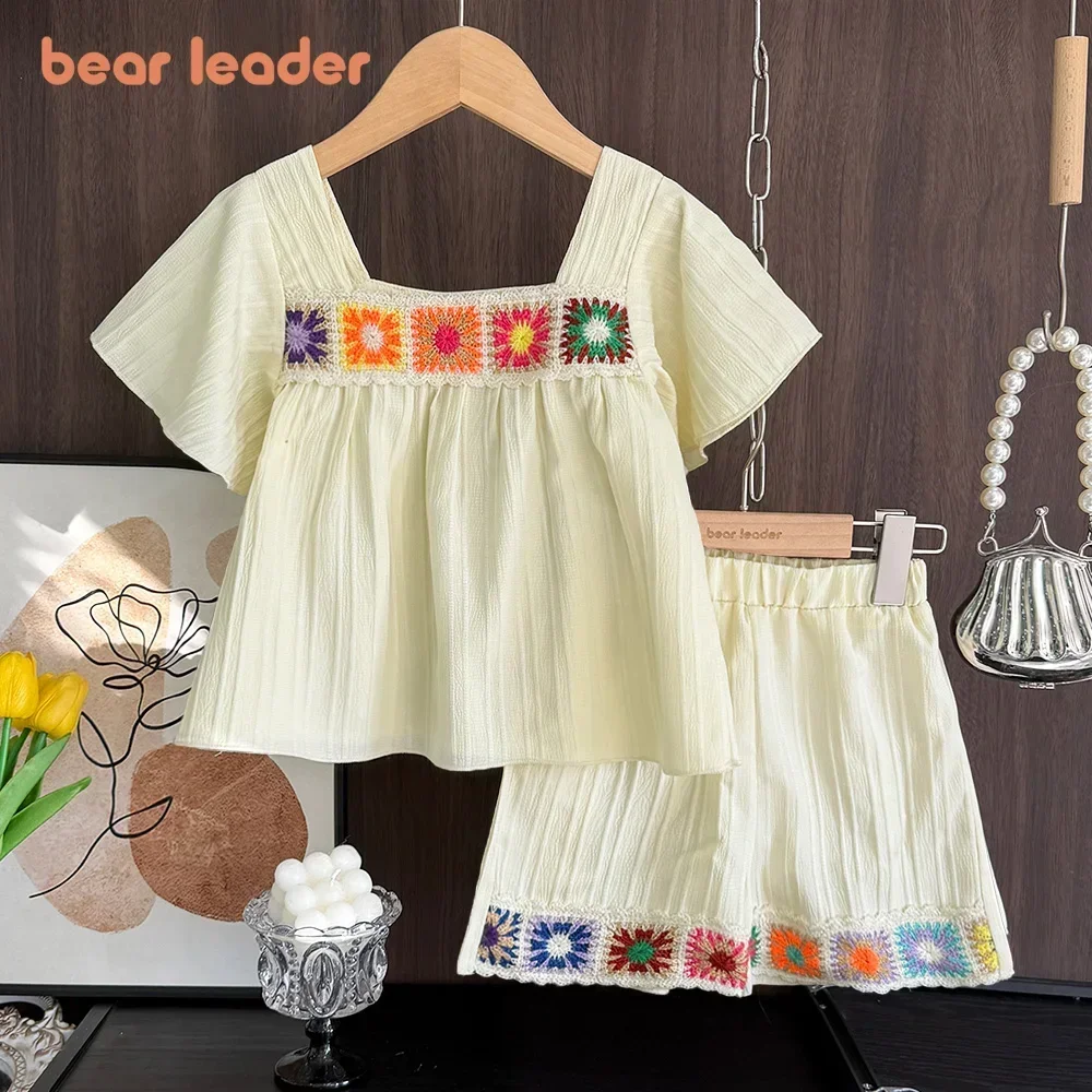 Bear Leader Girls Suit Summer Beige Short Sleeved Colorful Sunflower Print Top + Pants Two-piece Set Sweet Children's Clothing