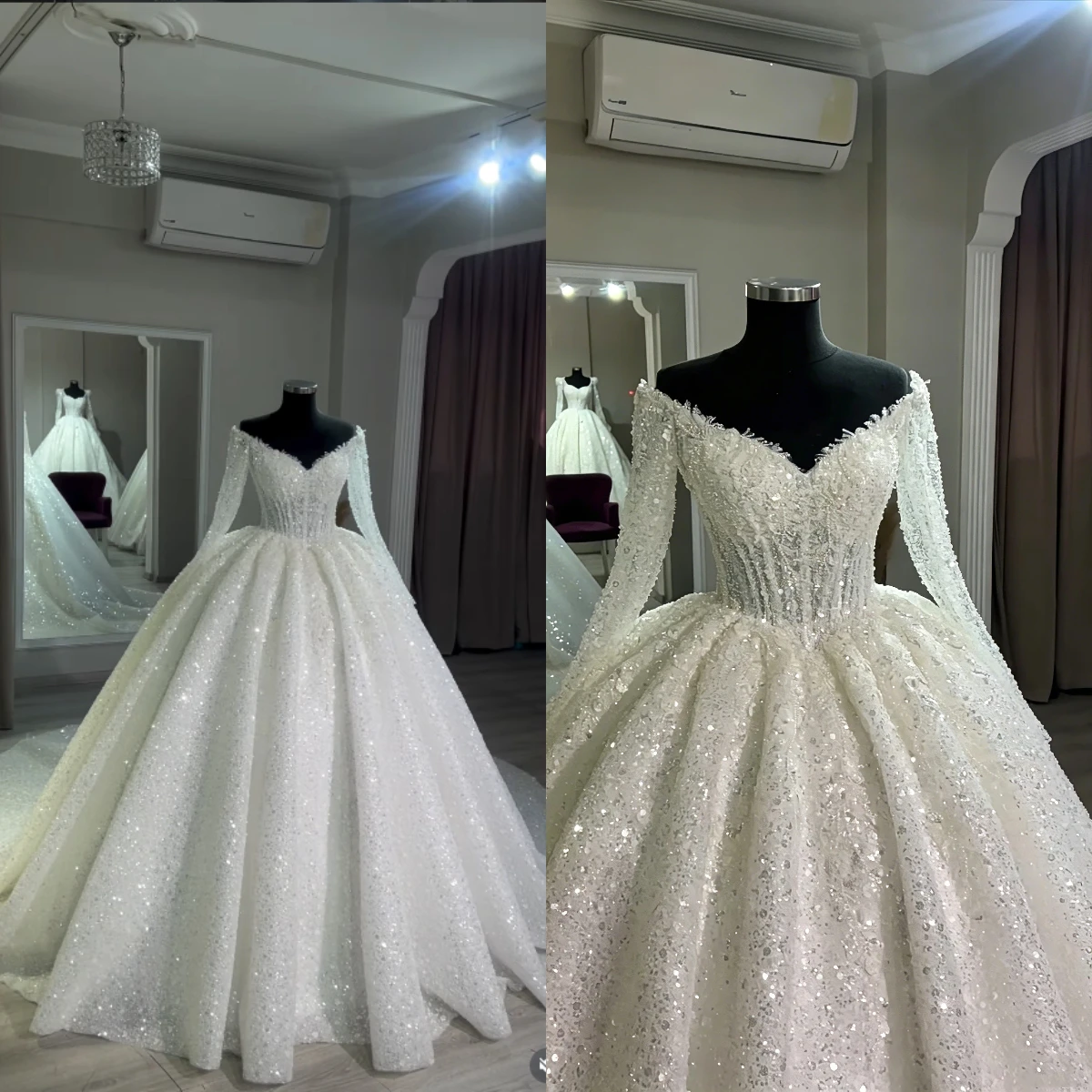 

New Luxury Sparkly Off The Shoulder Ball Gown Wedding Dress Long Sleeve Sequined Beaded Bridal Gown Vestido De Novia Customized