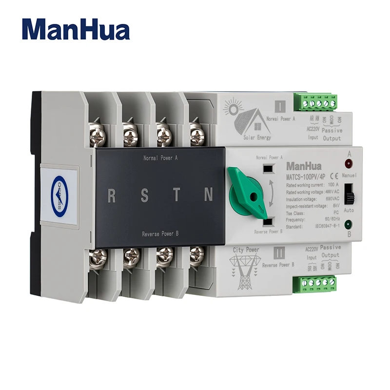 ManHua ATS for PV 2P 3P 4P MATCS-100PV Dual Power Din Rail and inverter Automatic Transfer Selector Switches Uninterrupte 100A