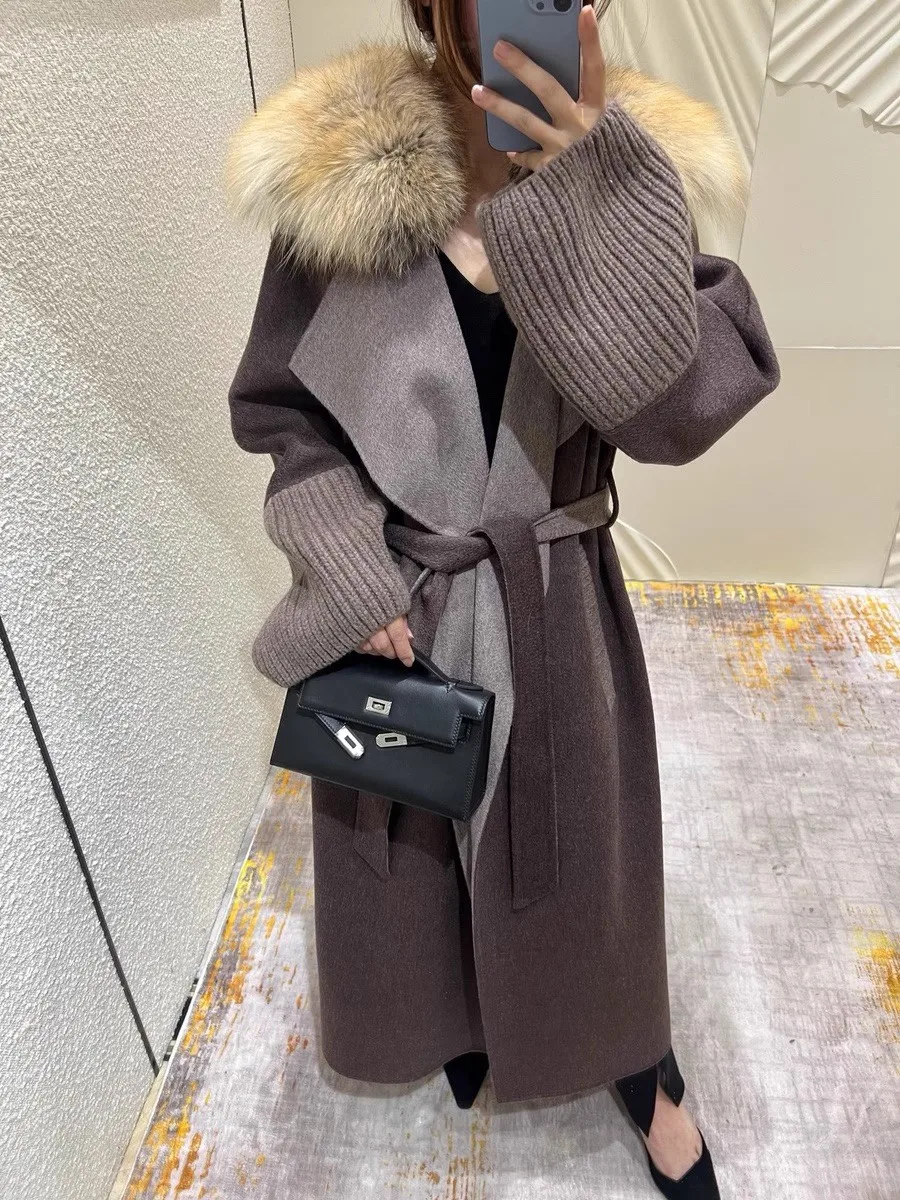 

2025 Winter Thick Warm Patchwork Knit Wool Overcoat Elegant Ladies Fashion Lace-up Fox Fur Collar Loose Long Coat