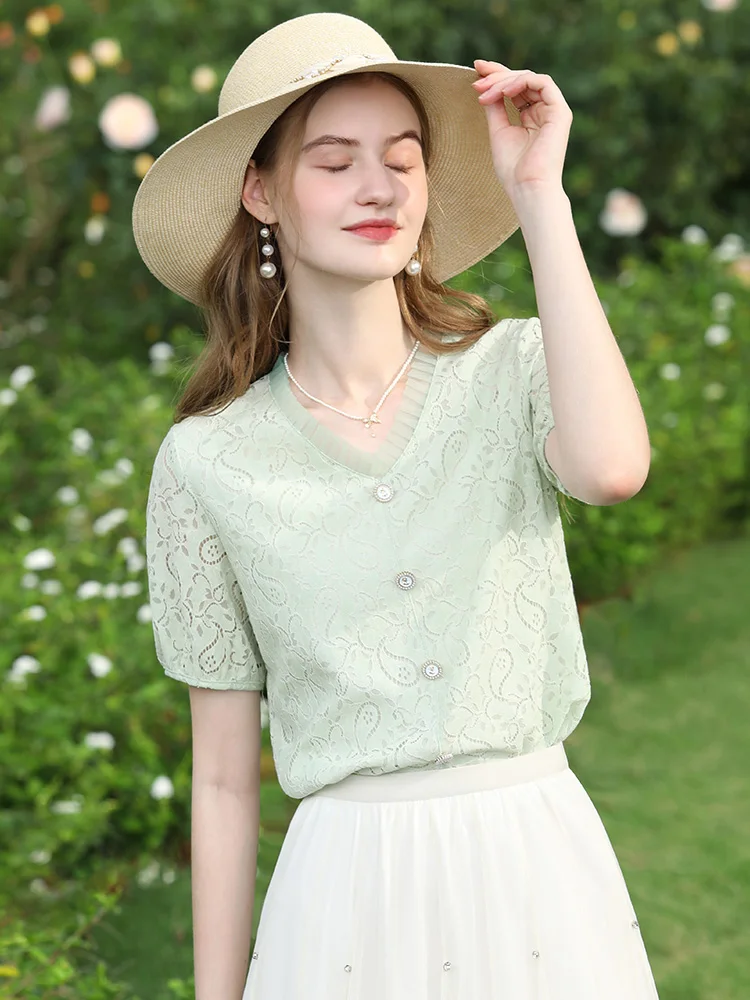 I BELIEVE YOU French Women Lace Shirt V-neck Hollow Out Short-sleeved Blouse 2024 Summer New Beauty Solid Female Tops 2242085671