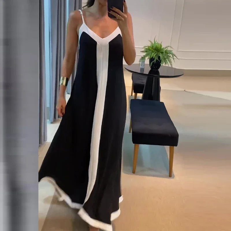 

2024 Summer Women V-Neck Long Dress Chic Stitching Color Loose Hem Dresses Elegant Backless Sleeveless Sling Maxi Dress