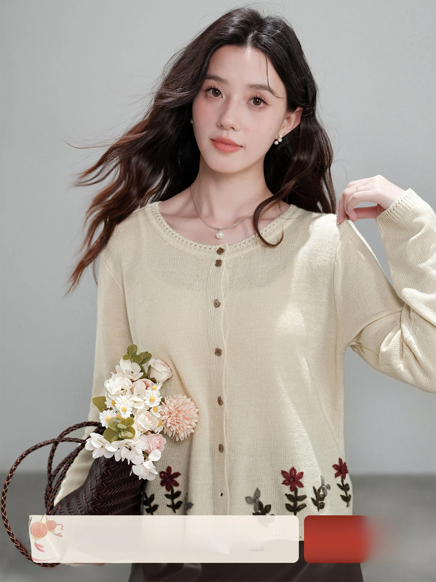 

Mu Easy Peach Color Thin Embroidered round Ne Knitted Open Cardigan Women's Sle 2025 New Early Autumn Korean Sle Top