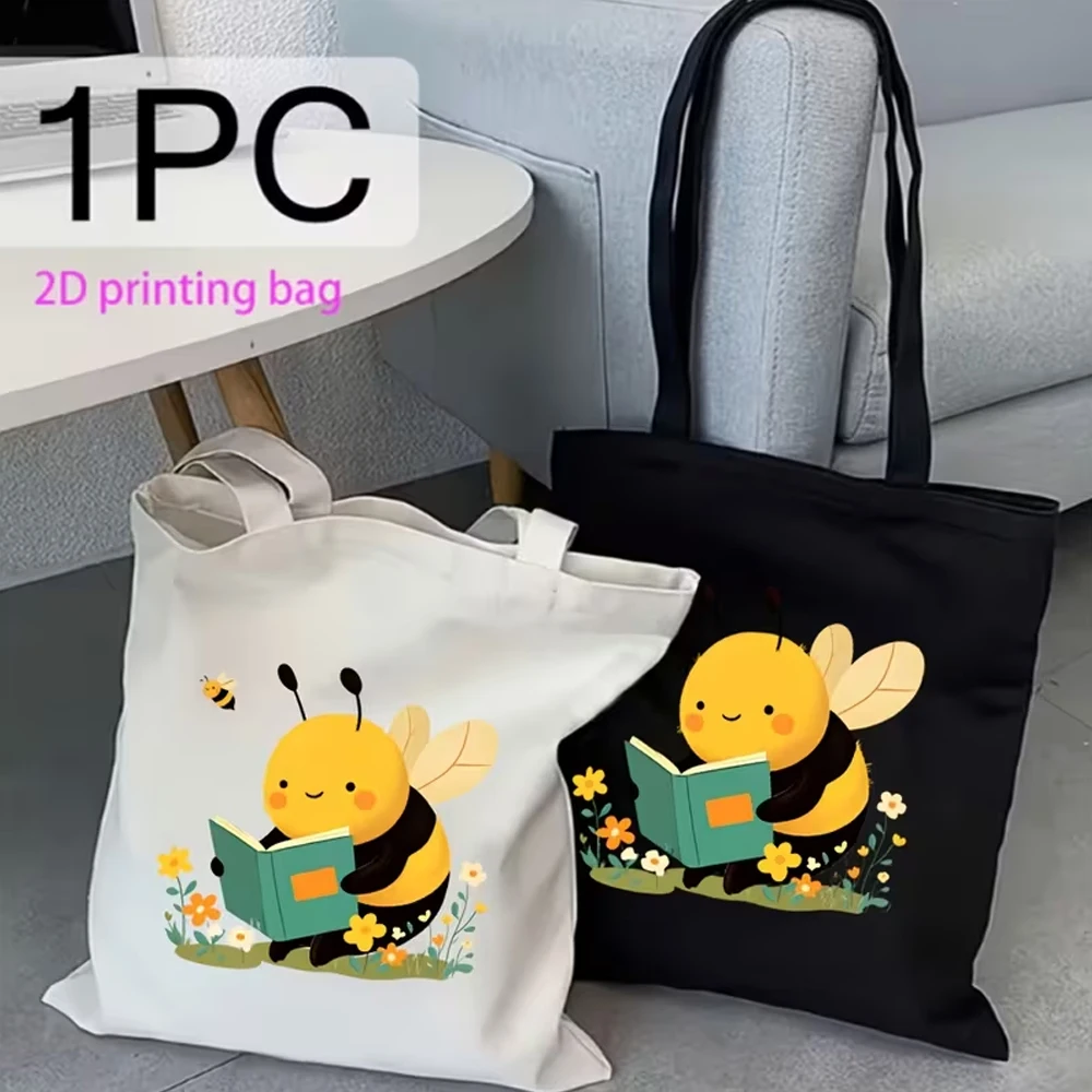 A Cute Bee Reading Book Print Shopping Bag, Reusable Tote Bag with Book and Flower Designs, an Artistic and Fun Accessory