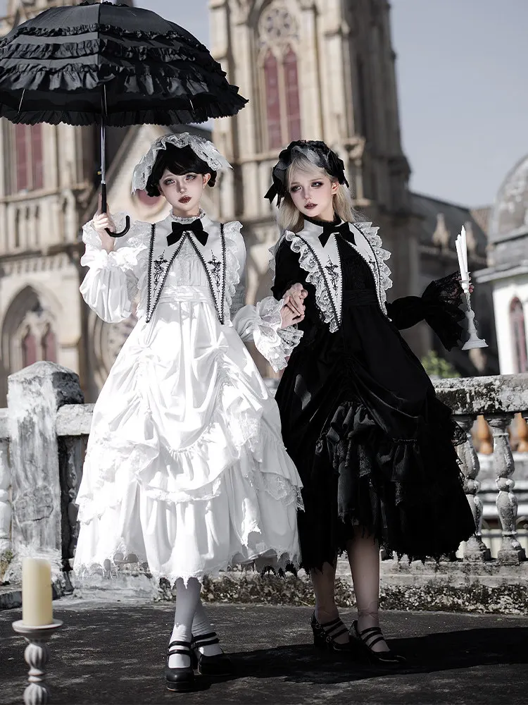 With Puji Black Gothic Lolita Sweet Retro Op Dress Set 5-piece Ruffle Lace Outfit With Belt Bow Fake Collar Headband For Cosplay