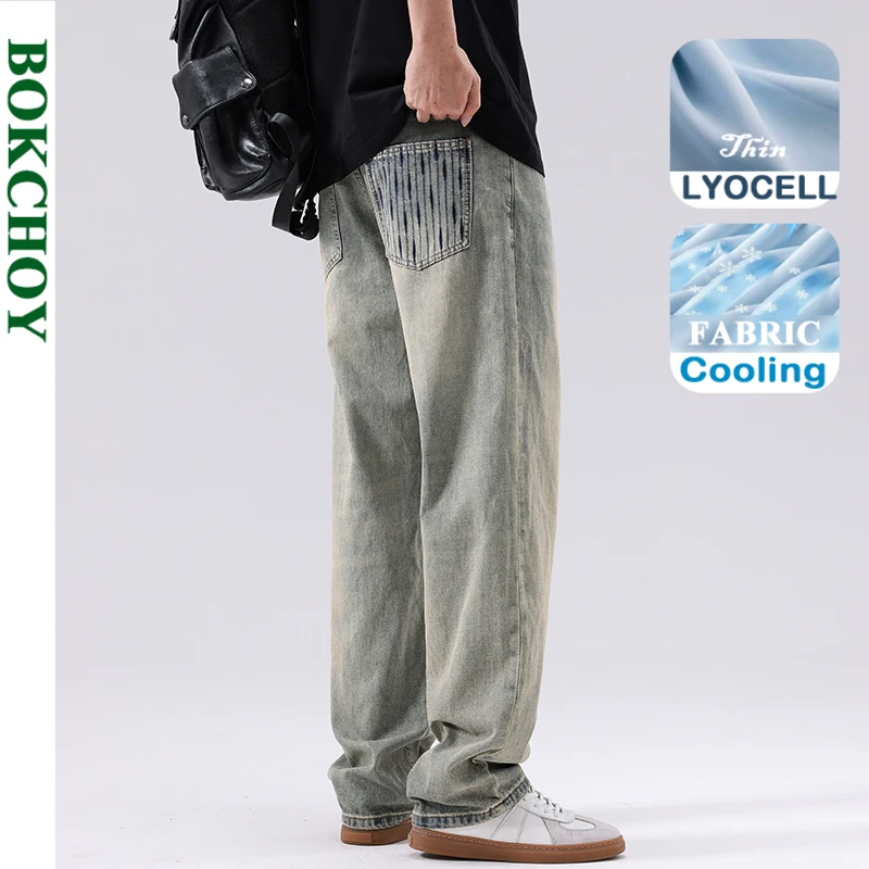 

2025 Autumn New Vintage Washed Tencel Cotton Straight Jeans for Men Clothing Casual Striped Trousers AG7280