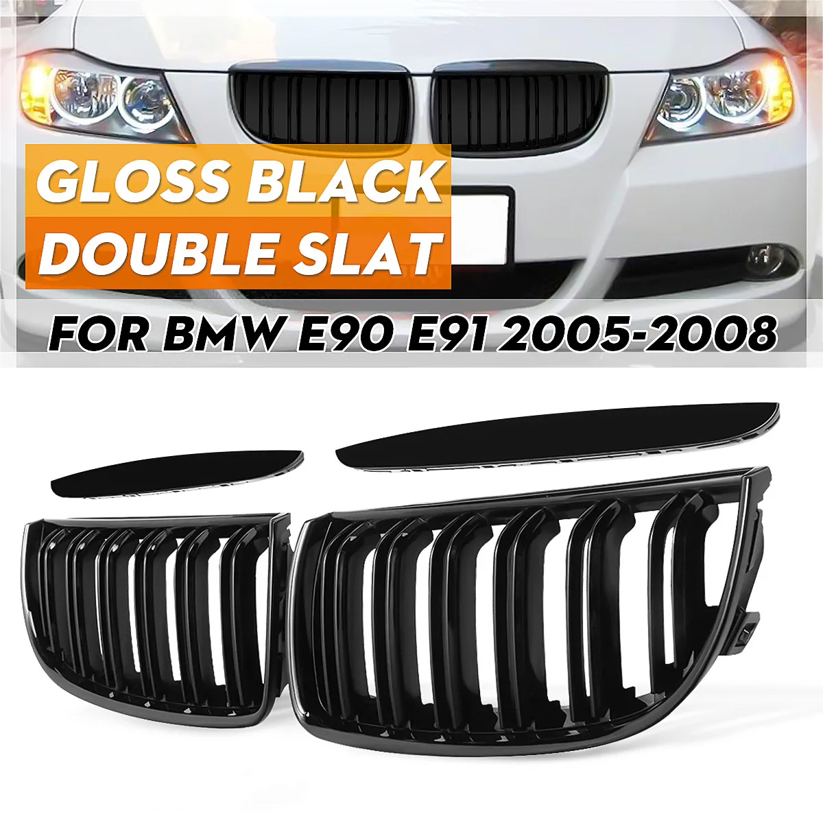 Car Grille Grill Front Kidney Gloss Black Double Slat Hood Grille For BMW E90 E91 Pre-Facelift 2005 2006 2007 2008 Racing Grills