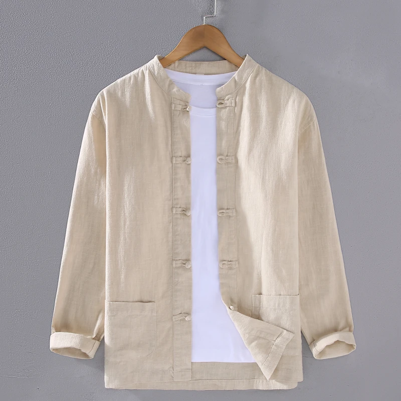 Ramie Cotton Blend Shirts For Men Long Sleeve Tang Costume Loose Spring Quality Breathable Frog Button Premium Camisas De Hombre