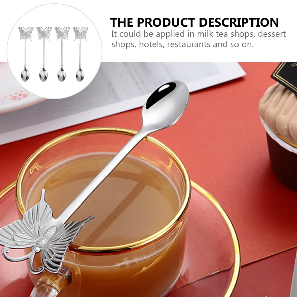 

4Pcs Creative Butterfly Shaped Stainless Steel Spoon Long Handle Dessert Scoop Ideal for Milk Tea Dessert Shop