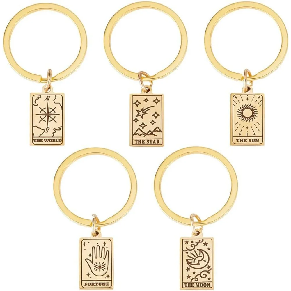 about 5 Pcs 5 Style Rectangle Keychains Tarot Keychains 316 Stainless Steel Pendant Keychains Rectangular Key Chain Metal