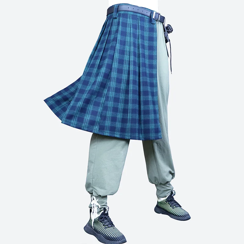 Men Fashion Scottish Style Plaid Contrast Color Pocket Pleated Skirt Traditional Plaid Belt Pleated Scottish Tartan Skirts