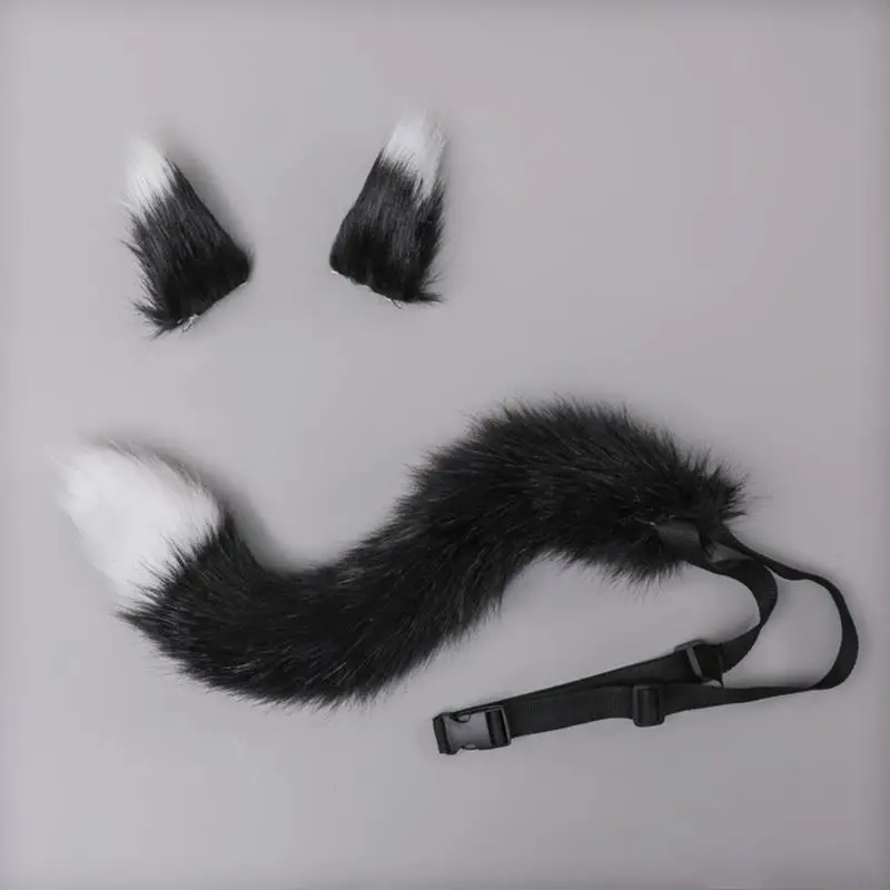

X4YC 3 Pieces Animal Roleplay Furry Set Puppy Ear Headwear Long Fur Wolf Tail Anime Gothic Accessory for Costume Party