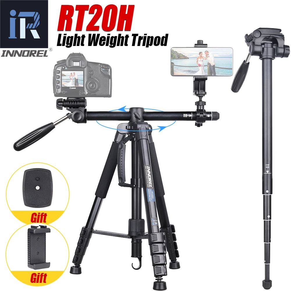 INNOREL RT20H Professional Lightweight Travel Aluminum Tripod with Adjustable Head Horizontal 3-in-1 Stand for Camera Phone