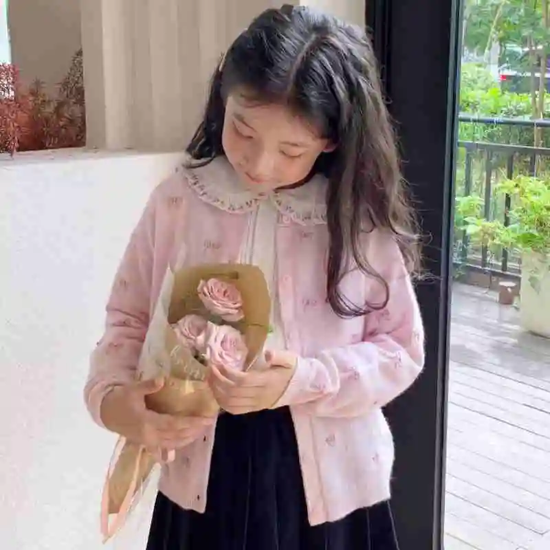 BP 2026 Spring New Beading Caedigan Cotton Thin Cardigan For Kids Pink Sweater Cherry Knitted Shirt Baby Air Conditioning Shirt