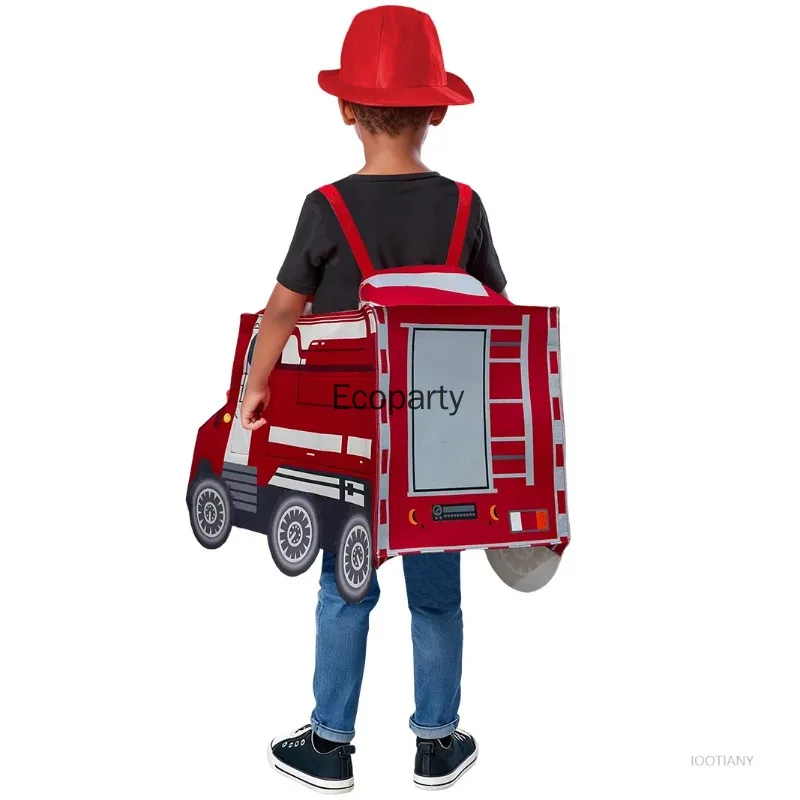 Kids Funny Fire Engine Ambulance Costume Boy Girls Firefighter Truck Car Cosplay Coverall with Hat Halloween Performance Outfits view 5