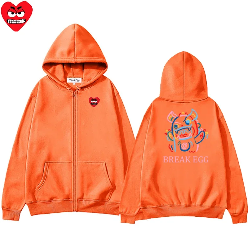 Calf Printing Men Women Zipper Hoodie Cool Cute Snag Heart Embroidery Polyester Pocket Loose Thin Autumn Sweater