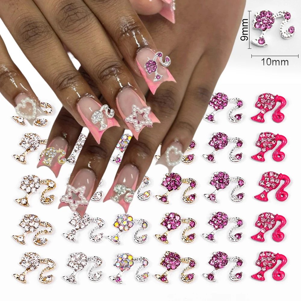 10Pcs Pink Barbie Doll Luxury Nail Charms Ponytail Girl Alloy Full Crystal Rhinestone Glitter Nail Jewelry y2k Nail Art Decors