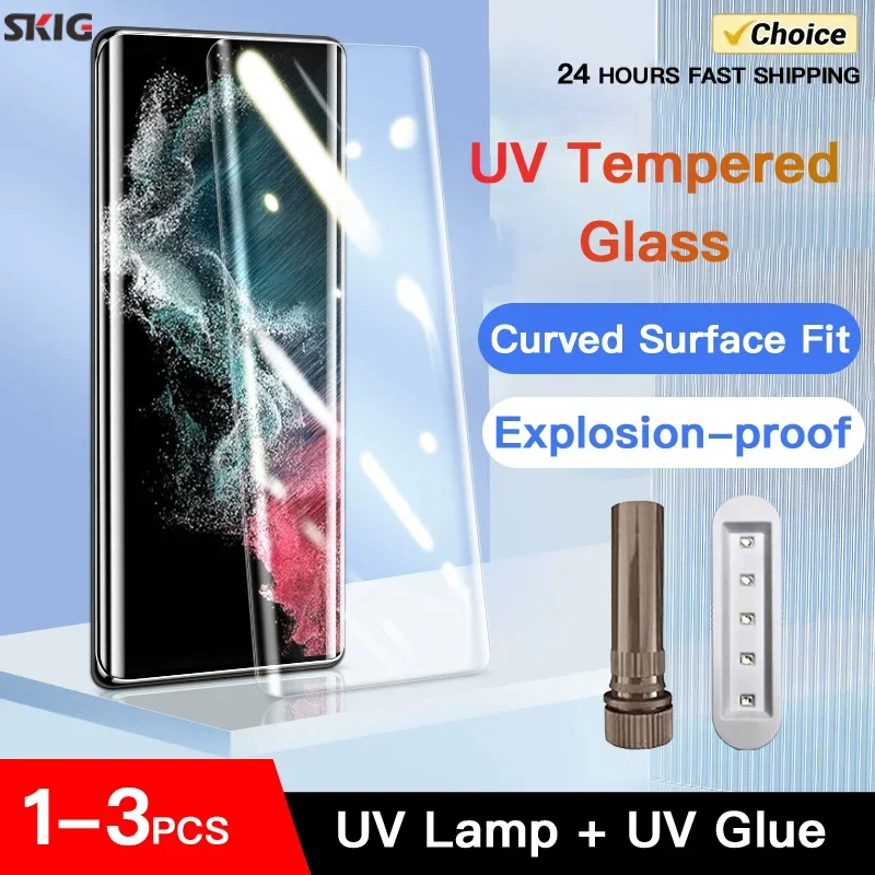 Folia ze szkła hartowanego SKIG UV do Samsung Galaxy 25 S24 S23 S22 S21 S20 Ultra Plus, pełne zakrzywione szkło ochronne na ekran S24Ultra