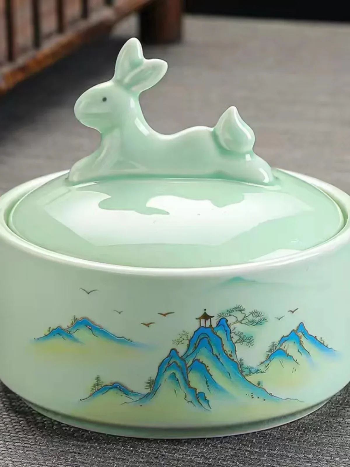 Hot sales2024 Ceramic Sky Blue Hot Pot Inkstone with Lid Moisturizing Ink Pool, Brush, Ink Disc, Ink Sea Multi functional Double