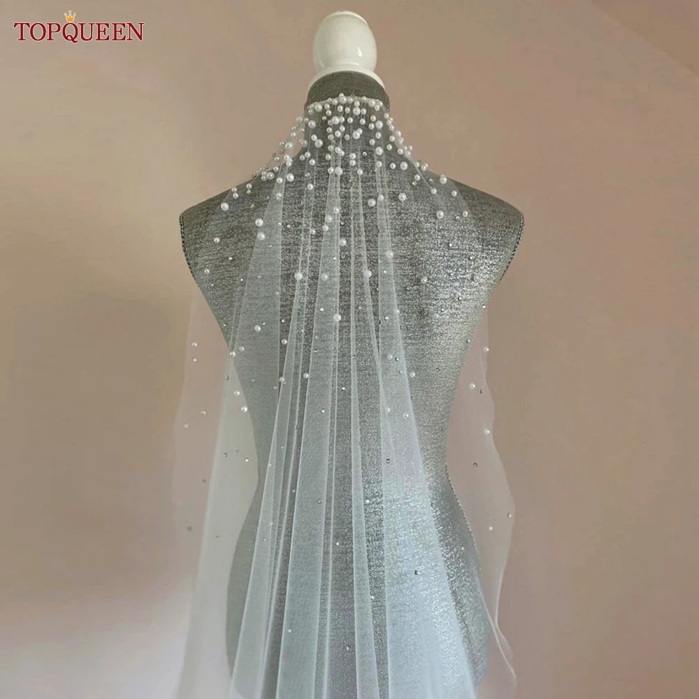 TOPQUEEN-velo de novia con perlas y peine, accesorios de boda con cuentas, diamantes de imitación brillantes, 1 nivel, V135