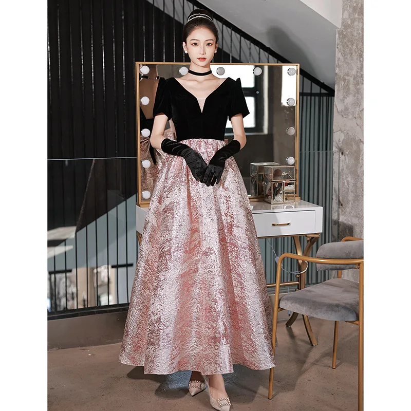 French Style Banquet Evening Dress For Women New V-Neck Bow Backless Patchwork Birthday Dresses Exquisite Elegant Prom Gown