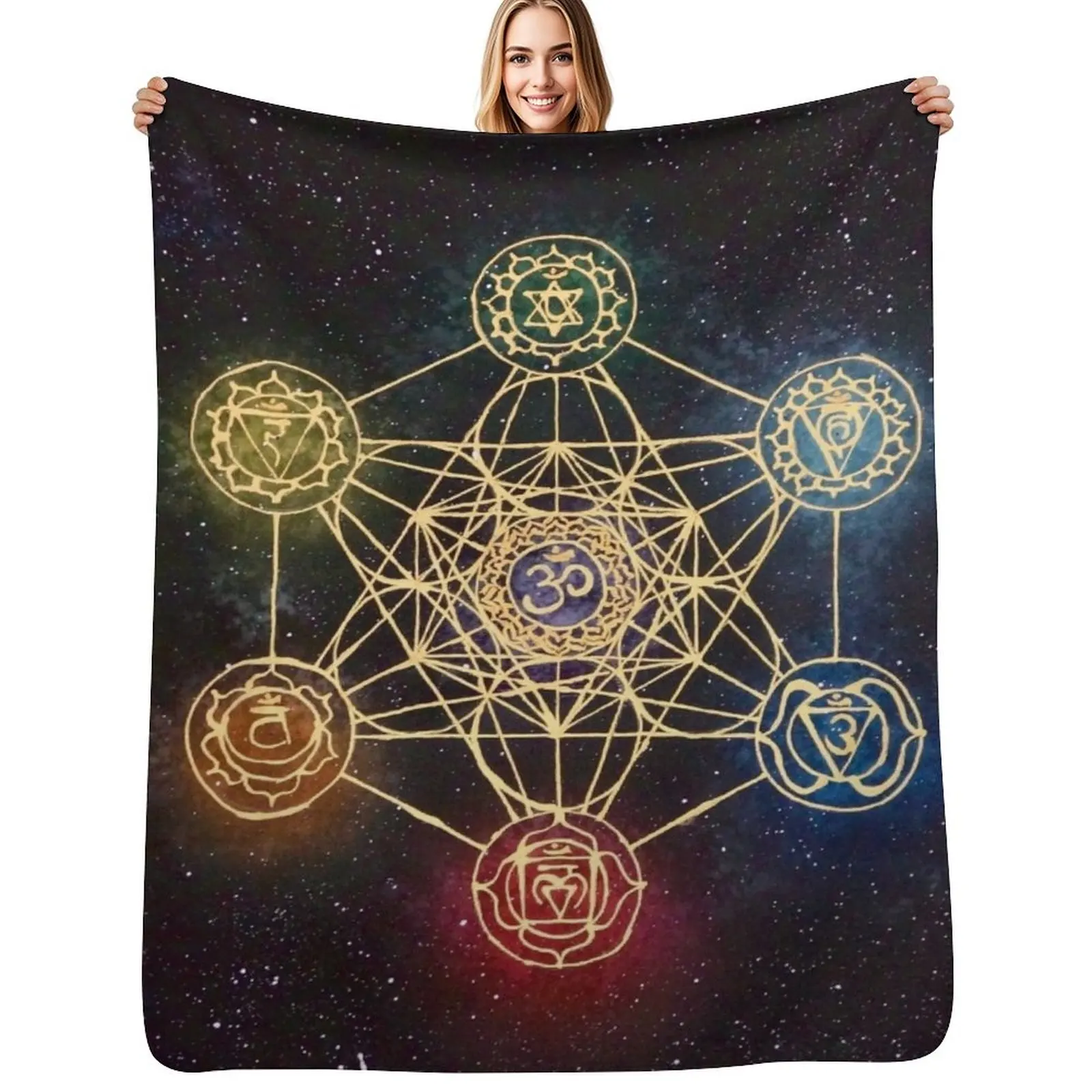 

Sacred Geometry - Metatron's Cube with Chakras Throw Blanket All Season Lightweight Soft Blanket for Bed
