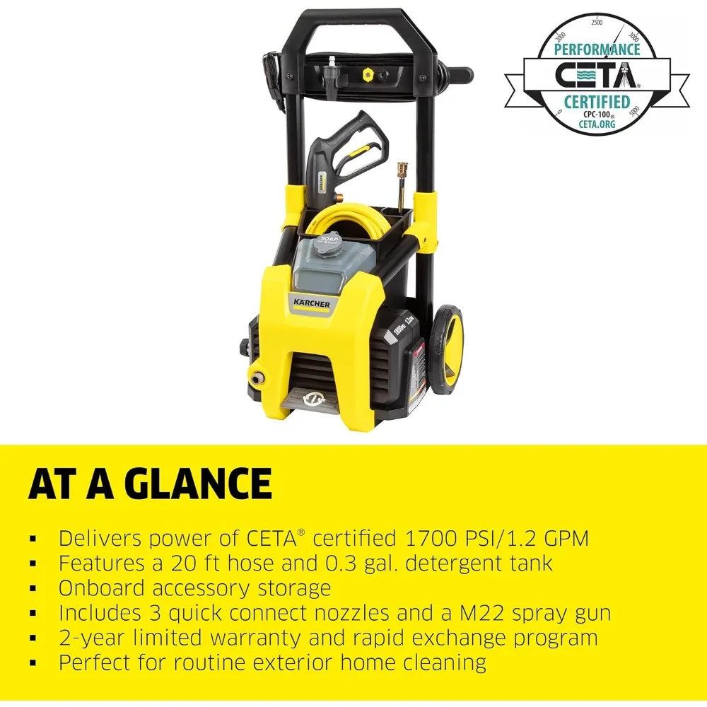 K1700 Max 1700 CETA-certified PSI Electric Pressure Washer with 3 Spray Nozzles - Great for cleaning Cars, Siding, Driveways