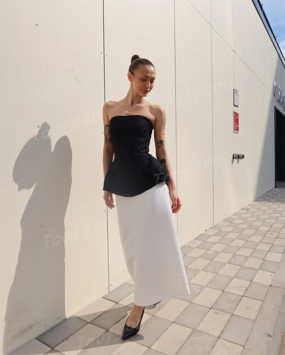 Toofgon Customized Sequined Black White Evening Dresses Strapless Ankle Length Shiny Prom Gowns Special Occasion Party Dress