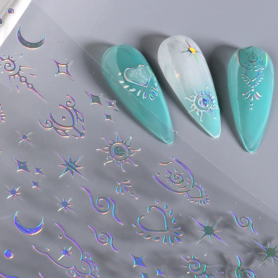 7pcs/Set Bronzing Gold/Silver Nail Art Sticker Sun Stars Moon Design Nail Decals 8*10CM Laser Bohemia Self-Adhesive Slider NLS
