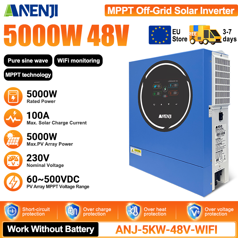 ANENJI 48V Hybrid Solar Inverter 5KW MPPT Off Grid Tie Solar Inverter Dual Output Color Screen Pure Sine Wave 100A Solar Charger 