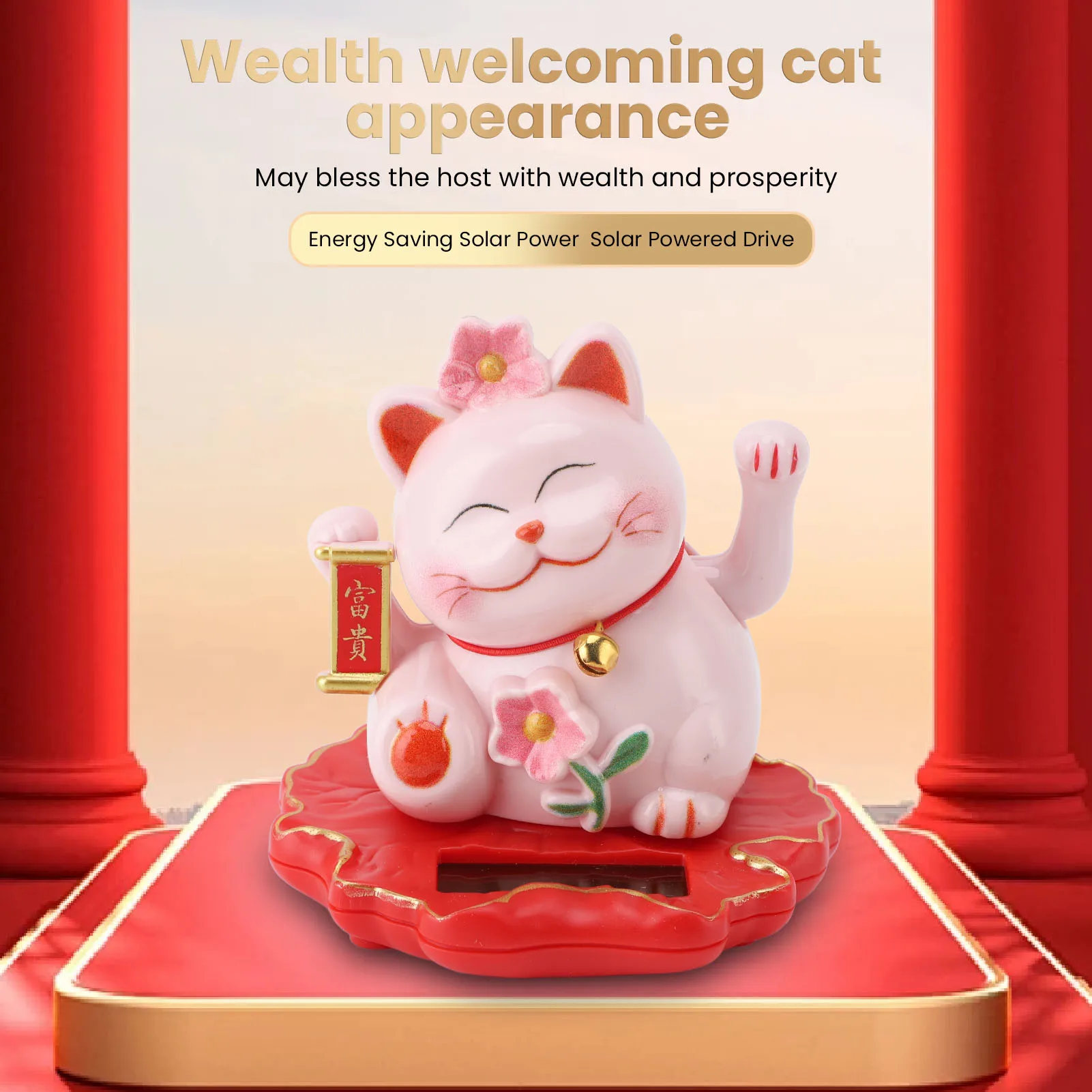 Lucky Cat Waving Arm Ornament ABS Solar Powered Light Induction Wealth Welcoming Cat Decoration for Home Car Office Housewarming