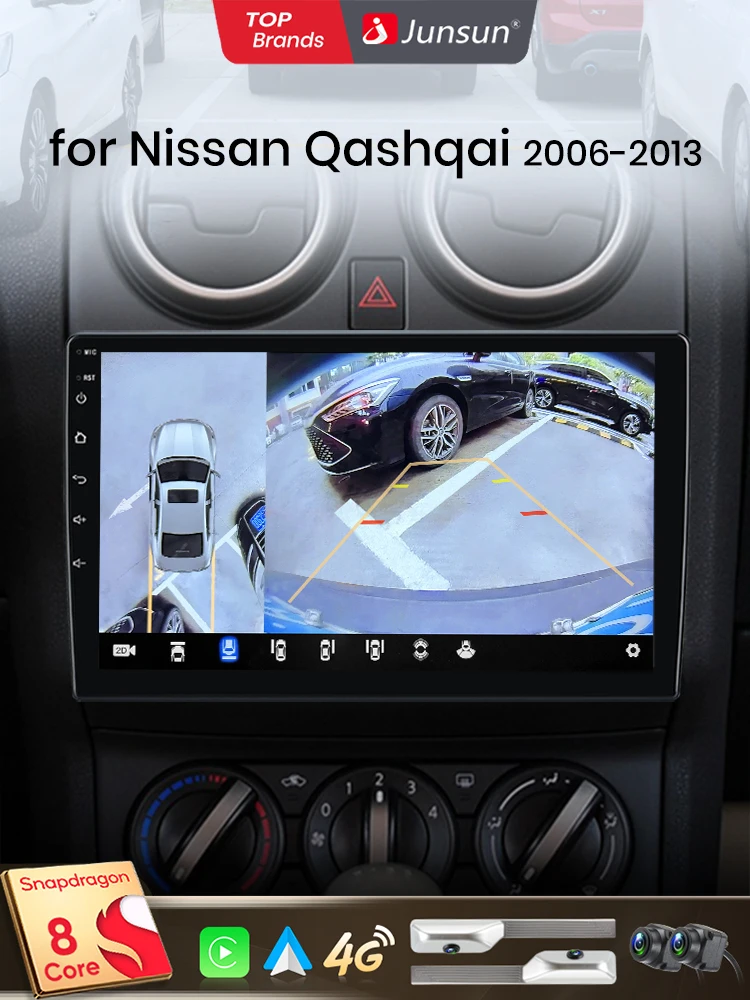 Junsun Qualcomm 8-Core 360 °   Panoramische Camera Draadloze CarPlay Android Auto Autoradio voor Nissan Qashqai J10 2006 2007-2013 GPS - afbeelding 2